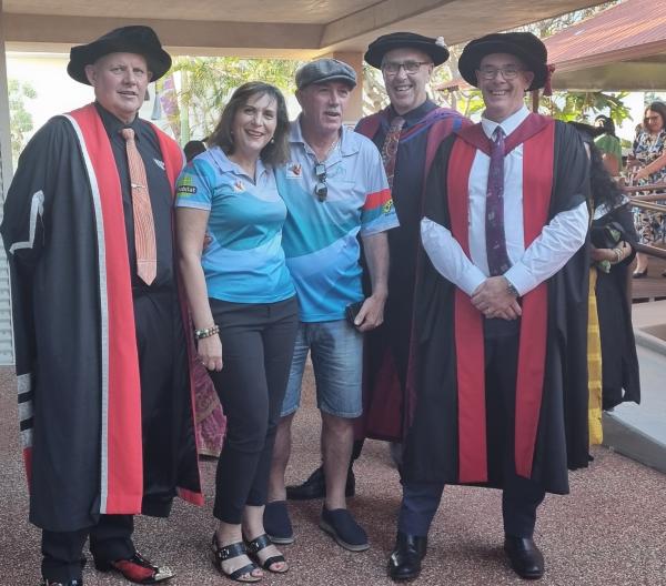 L-R Vice Chancellor Scott Bowman AO, Lidia & Michael, Professor David Upton, Deputy Vice Chancellor Steve Rogers 